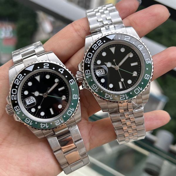 

left hand mens watch designer watch gmt work 2813 mechanical automatic 40mm green dial ceramic border gold stainless steel bracelet folding, Slivery;brown