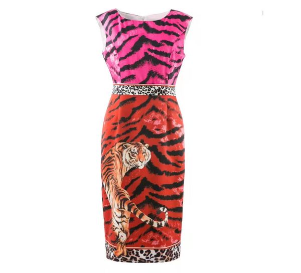 

highquality cotton blend leopard stitching tiger pattern slim dress5913534, Black;pink