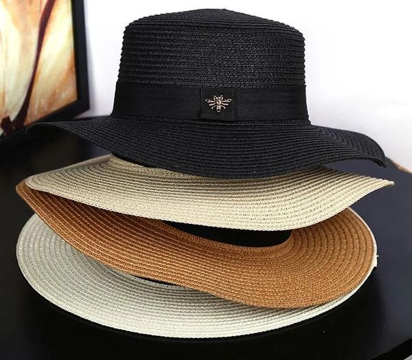

designers straw hat wide brim hats casquette luxe sun small bee fitted hat european and american gold braided female loose sunscreen sunshad, Blue;gray