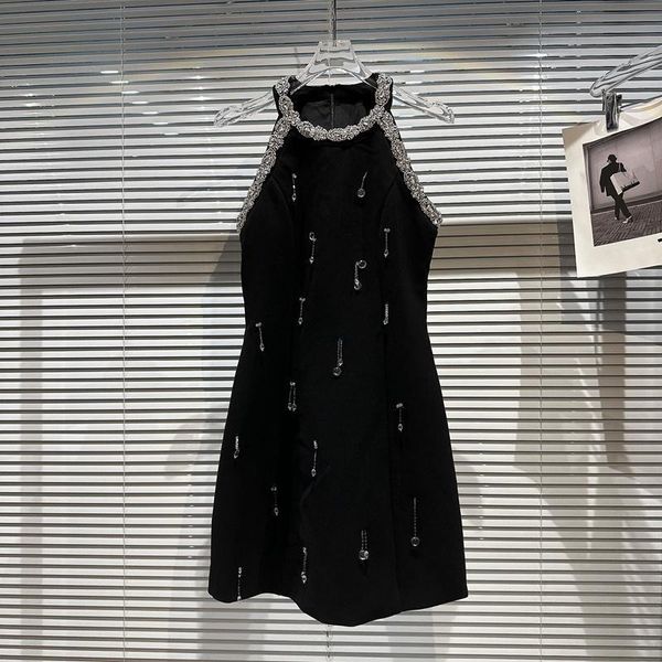 

2023 new little fragrance maj dark water drops sequin diamond neck hanging style celebrity waist slim fit dress, Black;gray