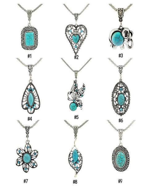 

vintage turquoise necklaces square elephant heart leaves flower natural stone pendant long chains for women fashion jewelry gift3179609, Silver