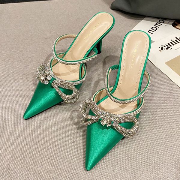 

dress shoes glitter rhinstones women pumps mules crystal bowknot green satin summer lady shoes stripper high heels party prom shoes 230711, Black