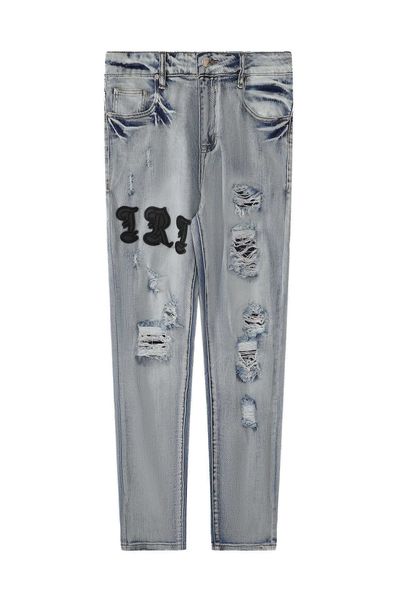 

designer high street jeans slim wash ripped pants men's fashion blue slim smoke pipe pants men's jeans straight leg pants