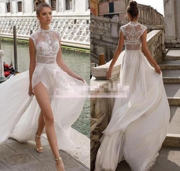 

julie vino high slits wedding dresses bohemia lace appliqued a line beach illusion side split custom made bridal gowns1285092, White