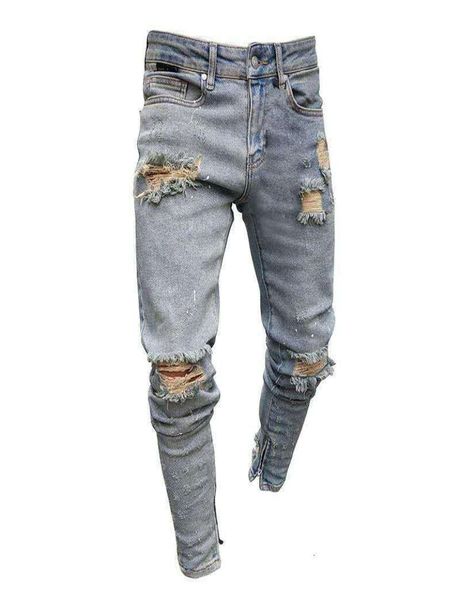 

mens jeans slim fit big hole pencil pants new style high elastic summer street hip hop urban wind casual pants5820909, Blue