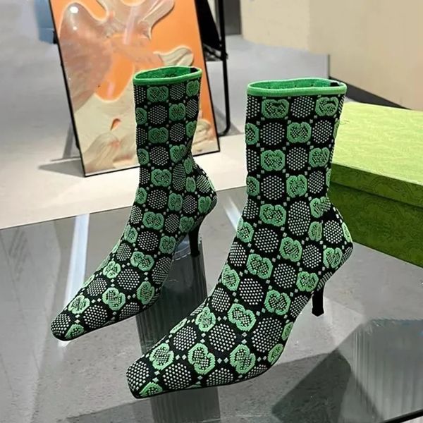 

fashion high heels womens boots stretch knitted ankle boot elastic sock booties pointed toe .5cm heels leather outsole winter botas shoes, Black
