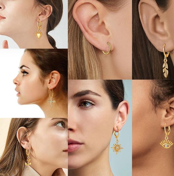 

18k gold drop dangle earrings for women ethnic cross heart flower eye star charms hoop earring 2021 fashion jewelry set8690668, Silver