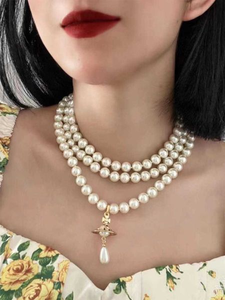 

empress dowager nana's same saturn pearl necklace 3d ufo planet pendant and elegant multi layered neckchain female, Silver