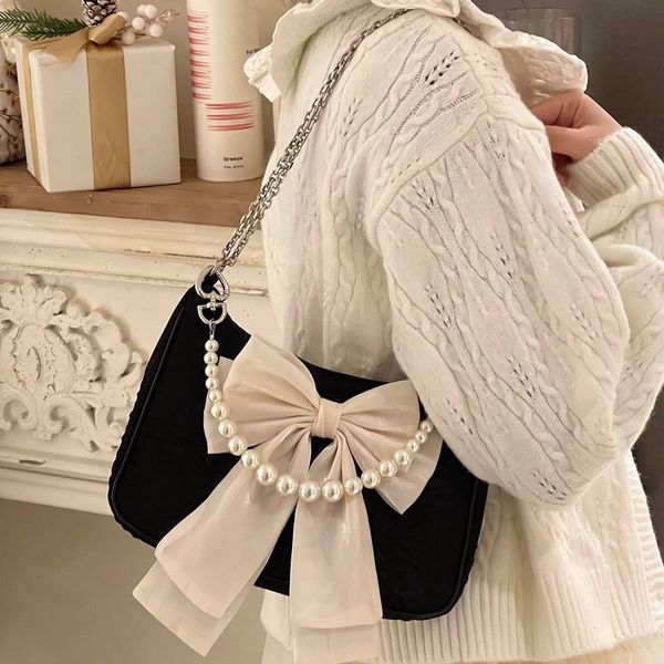 

evening bags vintage bowknot women underarm faux pearl chain ladies shoulder crossbody bag female soft nylon purse small tote handbags 23071