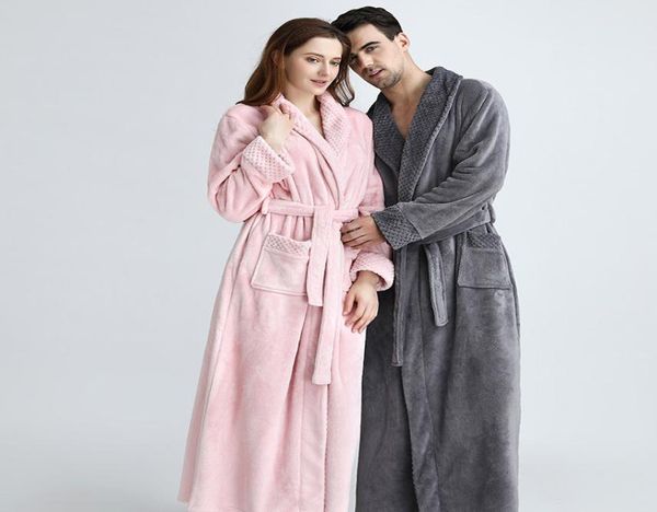 

extra long plus size winter warm coral fleece bathrobe women men flannel dobby kimono bath robe bridesmaid dressing gown wedding t8715473, Black;red