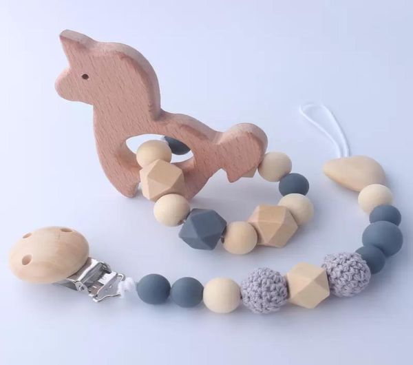 

natural wooden silicone baby teether organic wood bead pacifier clip crochet rattle teething ring sensory toy5526756