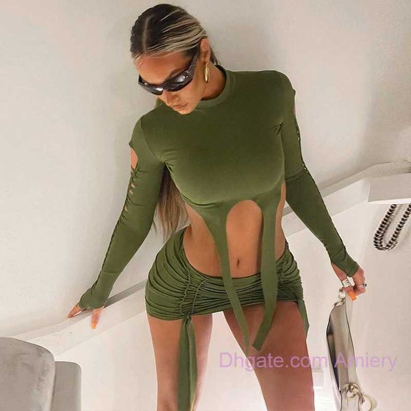 

women's fashion tracksuits two piece dress skirt set autumn new fashion hole long sleeve slim fit short skirts sets, White