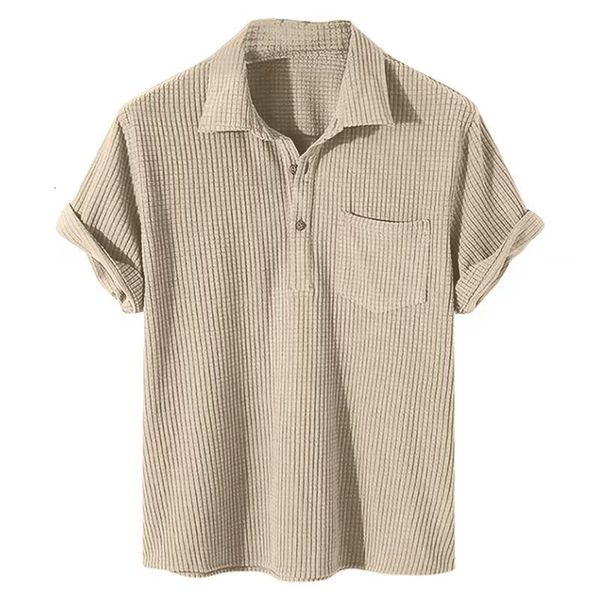 

men's polos casual plaid polo shirts turndown collar button blouse short sleeve solid pocket shirt men clothing 230710, White;black