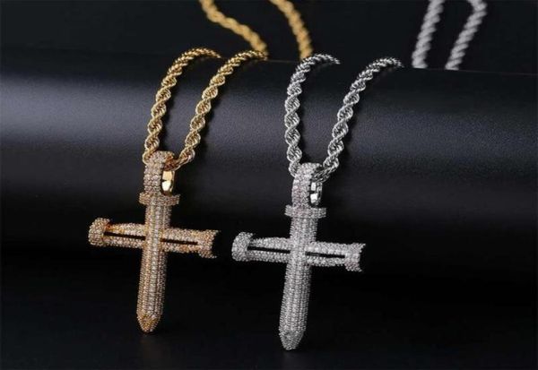 

hip hop nail cross diamonds pendant necklaces for men luxury crystal pendants copper zircons 18k gold platinum plated lovers chain6872687, Silver
