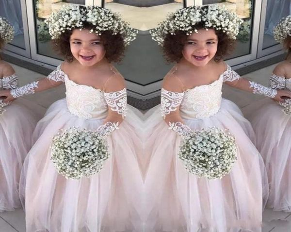 

lace sheer long sleeves little girls pageant gowns tulle ball gown flower girl dresses for wedding baby birthday party dress 069927, White;blue