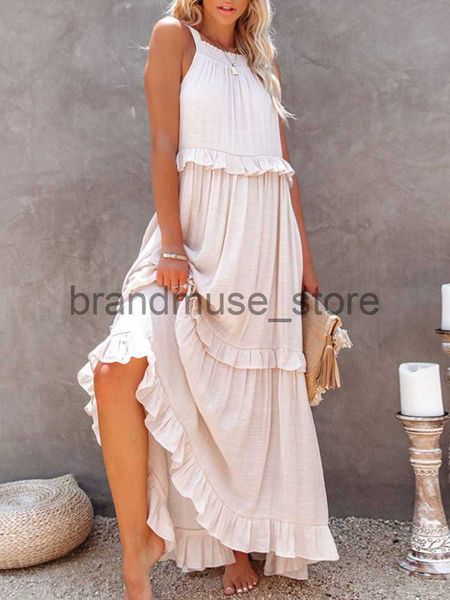 

basic casual dresses casual sleeveless long dress women oversize ruffle dress summer beach dress female elegant solid hollow tie-up party pu, Black;gray