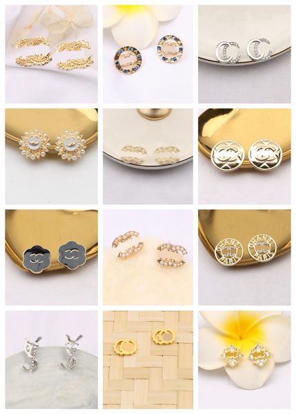 

designer letters stud earring famous women double letter sweet 18k plated diamond crystal rhinestones pearls studs earrings wedding party je, Golden;silver