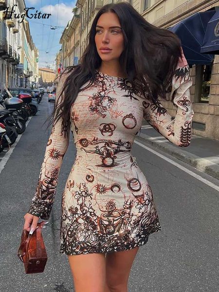 

urban dresses hugcitar women fashion long sleeves graphic print shirring bandage slim mini dress 2022 winter casual streetwear party l230711, White;black