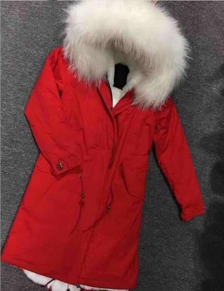 

popular cold resistant white raccoon fur trim mukla furs brand women snow jackets white rabbit fur lined red long parka3225213, Black