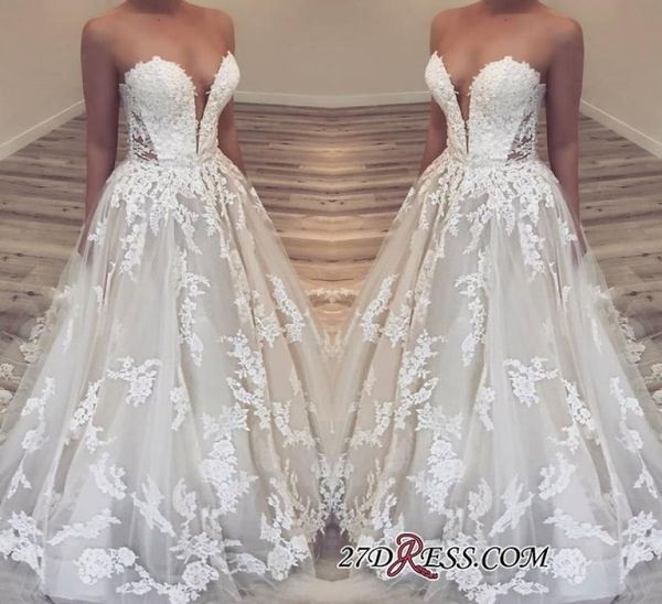 

a line strapless sweetheart neckline sleeveless lace wedding dresses sheer illusion bodice elegant wedding dress bridal gowns brid4934746, White