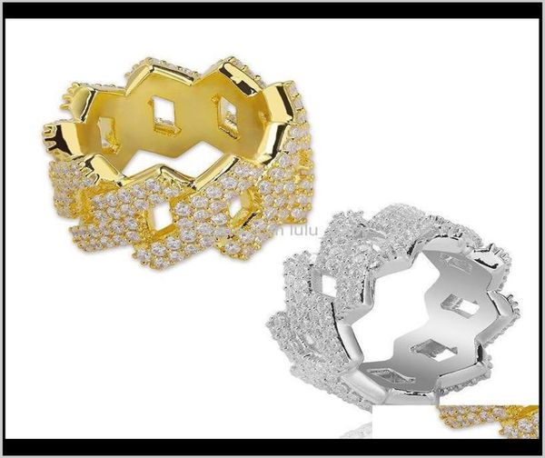 

band jewelry drop delivery 2021 men trendy diamond rings gold sliver color bling ice out cz hip hop punk ring cuban li7764982, Silver