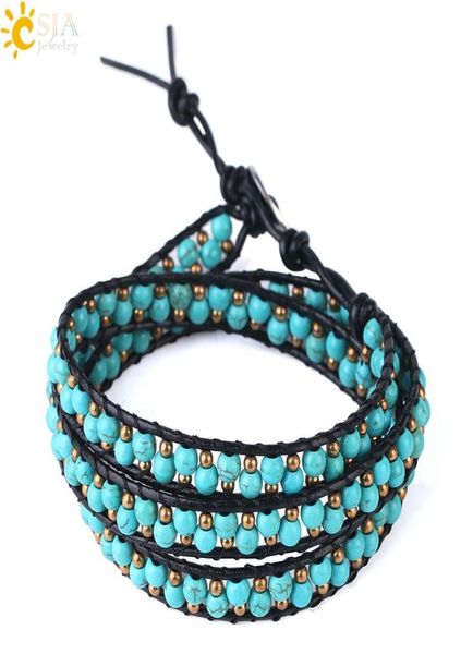 

csja women leather braided bracelets turquoise gemstone beads three wrap bracelet wristband handmade bohemian jewellery christmas 6966556, Golden;silver