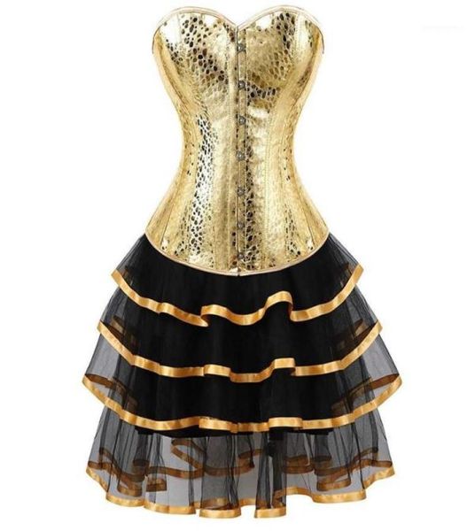 

leather corset bustiers skirts dresses tutu burlesque plus size corselet overbust costume cosplay gothic gold with bling11116738, Black;white