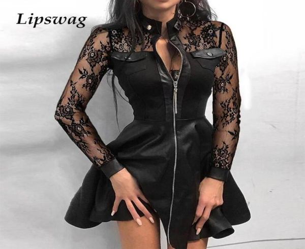 

women lace mini party dress fashion elegant pu leather zipper pocket autumn casual long sleeve aline vestidos dresses1164284, Black;gray