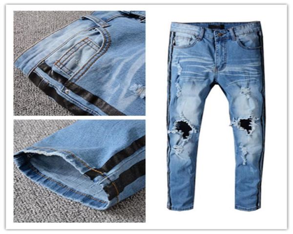 

summer thin jeans designer black stripe pants slimleg motorcycle biker denim men hole fashion design hip hop mens jean s qual9791665, Blue