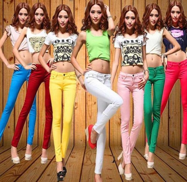 

thin candy colored plus size skinny stretch jeans for women tight push up jeans mid rise elastic denim pencil woman6928626, Blue