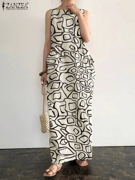 

basic casual dresses women's bohemian printed dress zanzea elegant sleeveless gown length summer beach pocket dress casual vest kaftan, Black;gray