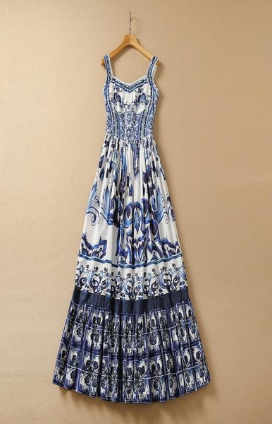 

2022 summer spaghetti strap square neck blue paisley print panelled long maxi dress elegant casual blue and white porcelain dresse9982634, Black;gray