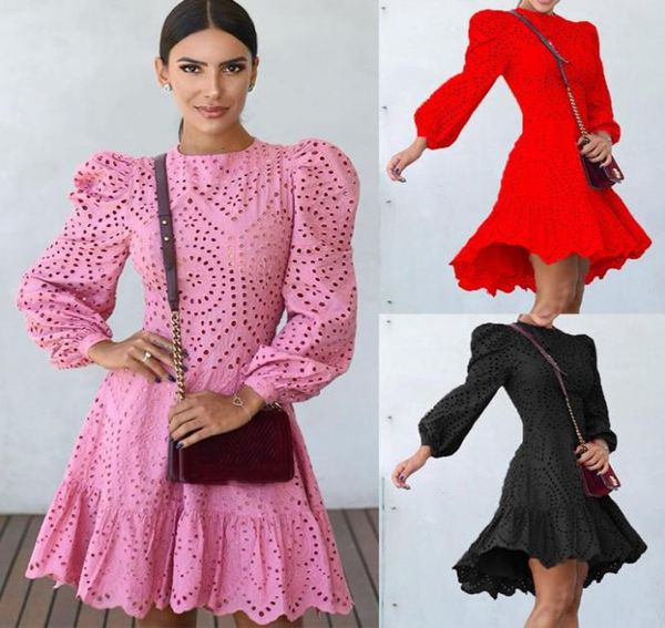 

2020 autumn latest women elegant solid oneck full puffy sleeves mini dress fashion skinny hollow out dresses with ruffles3280914, White;black