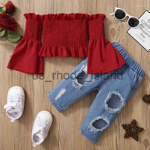 

clothing sets clothing sets spring autumn girls 2 pcs set toddler blouse jeans kids suit baby outfit children clothes shoulderless ruffle ho, White