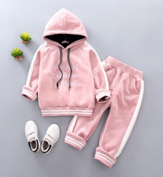 

promotion new cartoon children clothing winter clothes hoodiespants outfit kids velvet warm plus thick suit for sets5882697, White