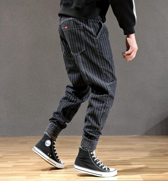 

japanese style fashion men jeans stripe designer loose fit cargo pants hombre slack bottom streetwear hip hop joggers jeans men5344260, Blue