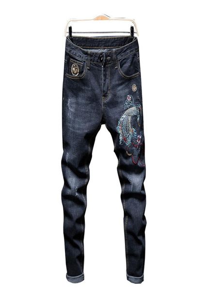 

new style stretch jeans 2020 men039s embroidered carp dark blue slim tide pants autumn winter streetwear holes patchwork ripped3084899