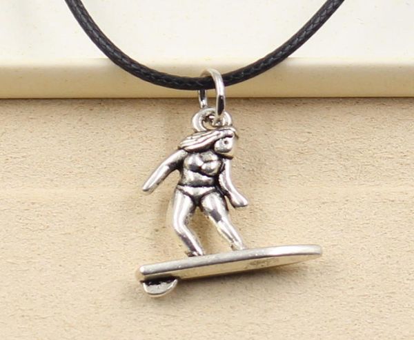 

tibetan silver color pendant surf player necklace choker charm black leather cord factory handmade jewelry l9fz7843617