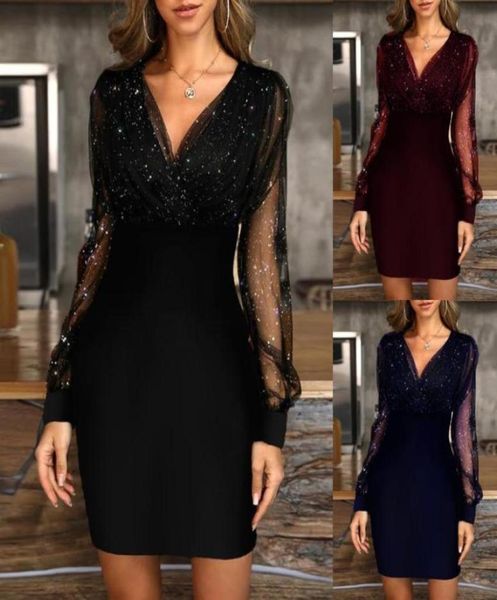 

casual dresses women sequins elegant evening dress transparant long sleeve female vneck retro party culbwear dresscasual9429276, Black;gray