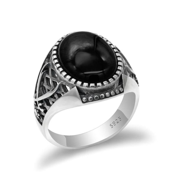 

925 sterling silver vintage men ring with black agate stone ring double swords thai silver style for manturkish handmade jewelry5699970, Golden;silver