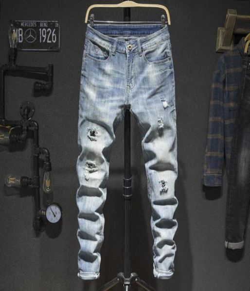 

mens jeans holes frayed hiphop ripped light blue stretch slim leg streetwear distressed moto biker jeans male denim pants5864966