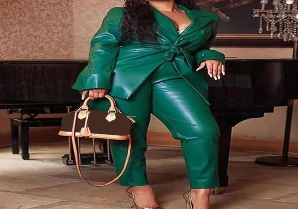 

women039s two piece pants vintage fashion pu leather tracksuit large size lace up 2 outfits dark green faux jacket suit sweatsu2272803, White