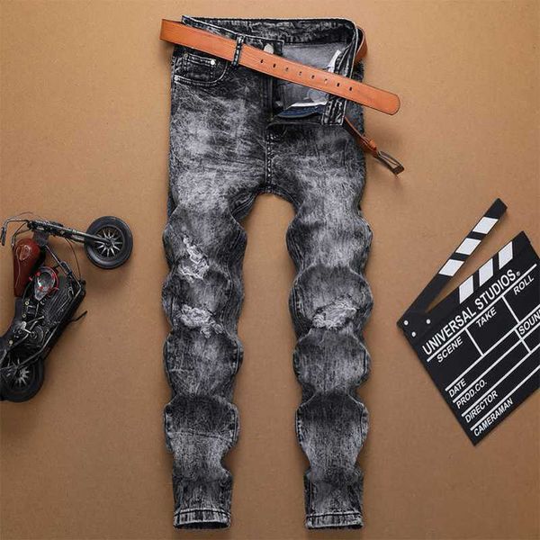 

designer jeans smoke grey snowflake wash jeans men's personalized features versatile long pants autumn new men's wear, Blue