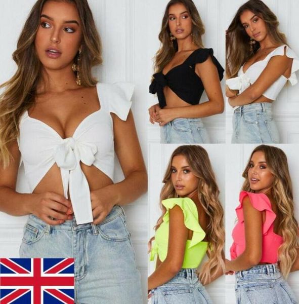 

women039s blouses shirts latest women blouse short ruffled sleeve crop front knot tie ladies casual plain tanks summ4779474, White