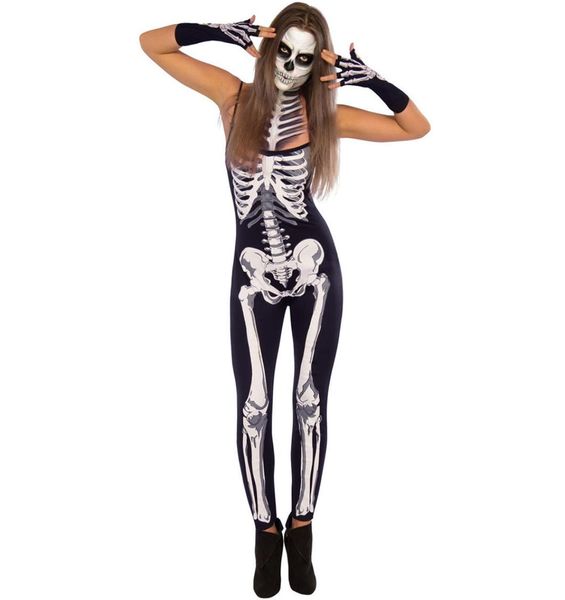

2018 halloween jumpsuit women party cosplay skeleton playsuit skull printed strappy bodysuits overalls zombie costume black7668411, Black;white