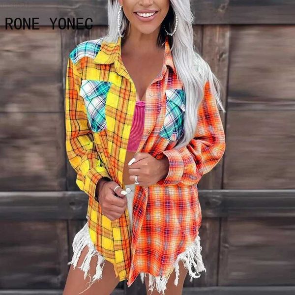 

women's blouses shirts women chic plaid patchwork turn down collar pocket button long sleeves straight shirt jacket l230712, White