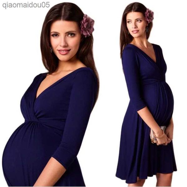 

dresses for women pregnant dresses maternity v-neck three quarter sleeve pleated beautiful clothes pregnancy party evening dress l230712, White