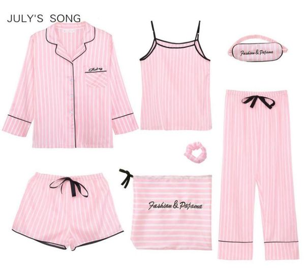 

july039s song pink women039s 7 pieces pajamas sets emulation silk striped pajamas women sleepwear sets spring summer autumn 6484033, Black;red