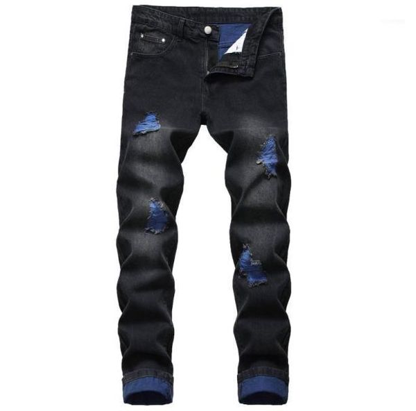 

fashion men039s straight slim fit ripped jeans black distressed male denim trousers homme blue pants2399666