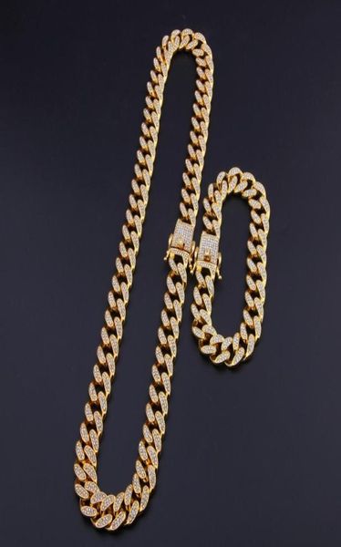 

13mm miami cuban link chain gold silver necklace bracelet set iced out crystal rhinestone bling hip hop for men6651985